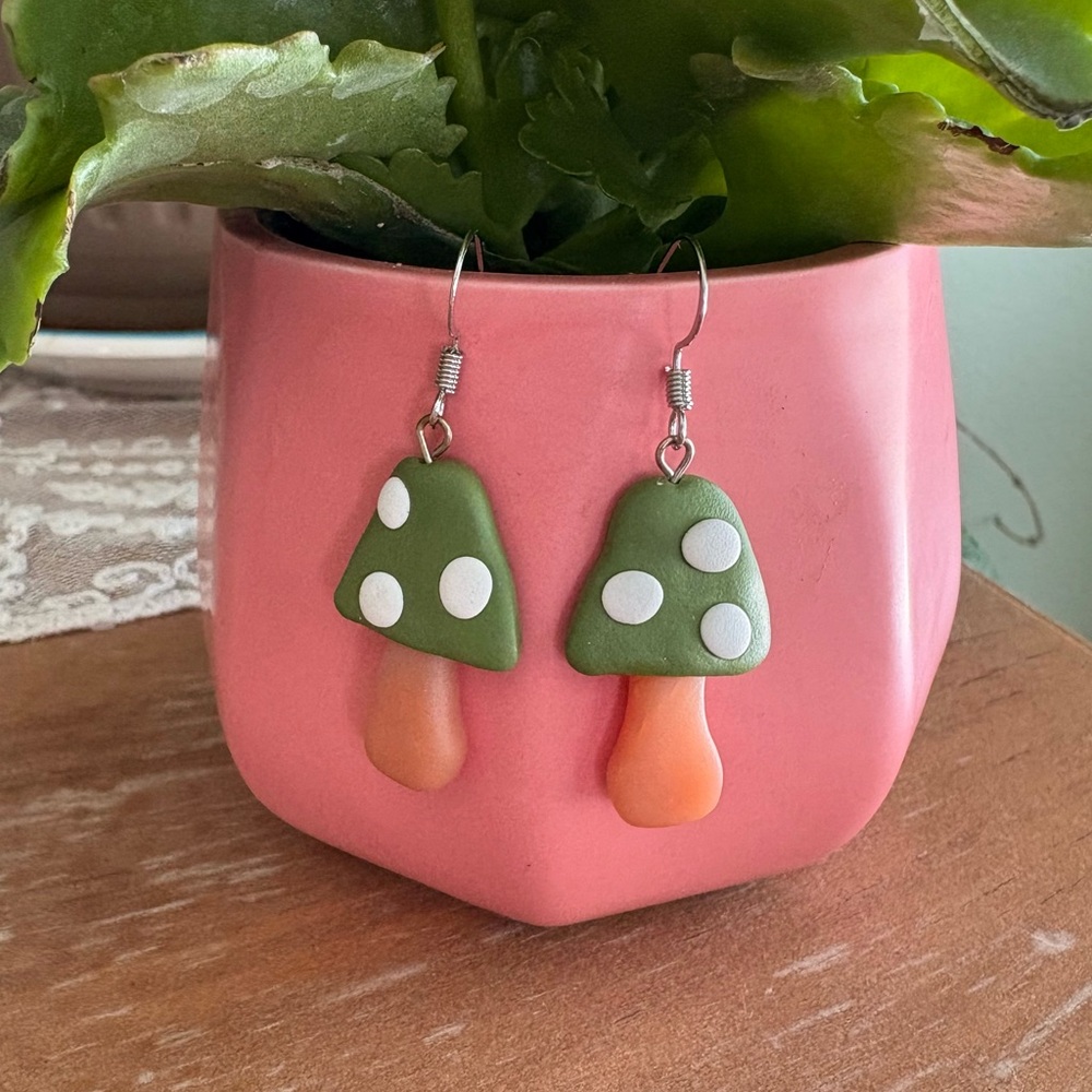 Handmade Handcrafted Polymer Clay Green Polka Dot Mushroom Dangle Earrings